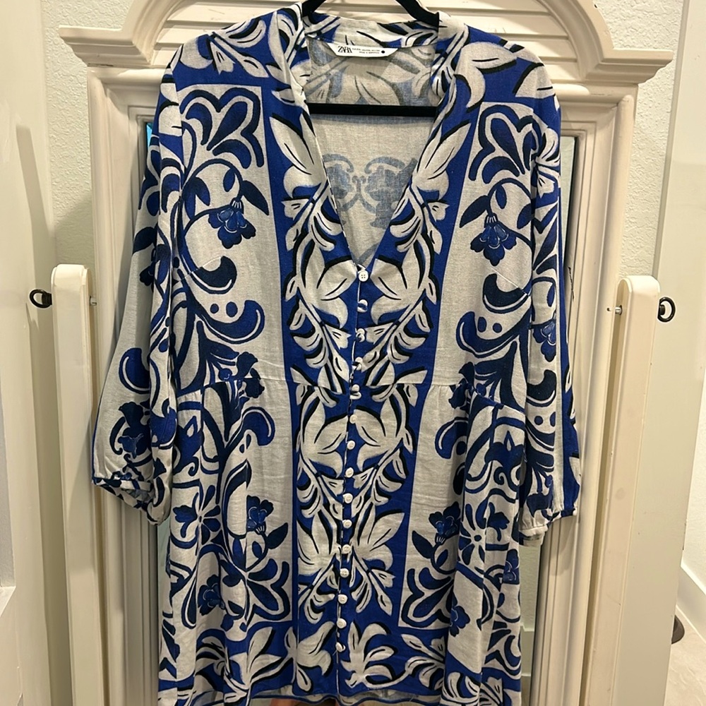 Zara Blue & White Linen Dress